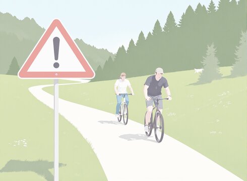 Das illustrierte Bild zeigt zwei Radfahrer auf einem Radweg. Neben dem Weg befinden sich Bäume, Wiesen und Berge. Vorne Links befindet sich ein Stoppschild