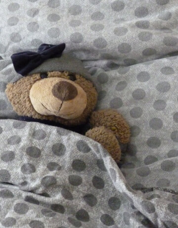 Das Bild zeigt ein graues Kissen und eine graue Bettdecke. In das Bett wurde ein Teddybär gelegt. Er trägt eine graue Mütze mit einer schwarzen Schleife.   