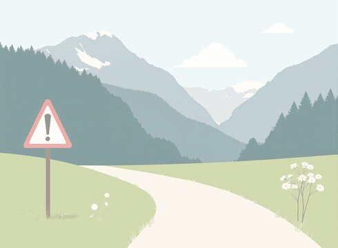 Das illustrierte Bild zeigt einen Weg umringt von Wiesen, Blumen und Bergen. Vorne Links befindet sich ein Stoppschild