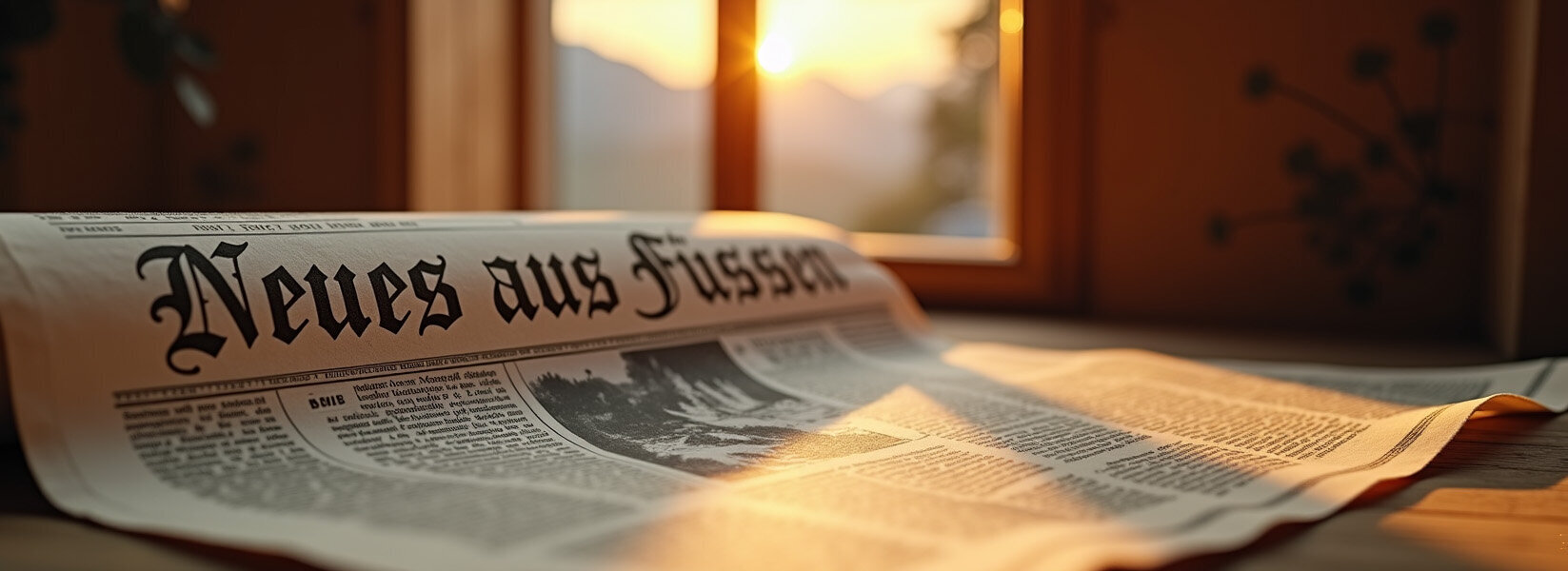 KI-Foto: Eine Alte Zeitung mit dem Titel "Neues aus Füssen" in einem gemütlichen Raum mit Aussicht auf die Füssener Landschaft