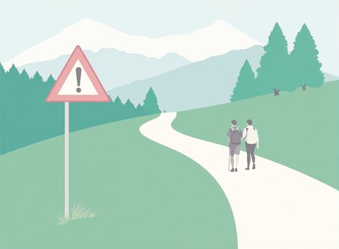 Das illustrierte Bild zeigt zwei Wanderer auf einem Wanderweg. Neben dem Weg befinden sich Bäume, Wiesen und Berge. Vorne Links befindet sich ein Stoppschild.