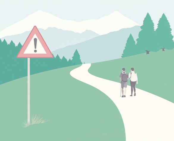 Das illustrierte Bild zeigt zwei Wanderer auf einem Wanderweg. Neben dem Weg befinden sich Bäume, Wiesen und Berge. Vorne Links befindet sich ein Stoppschild.