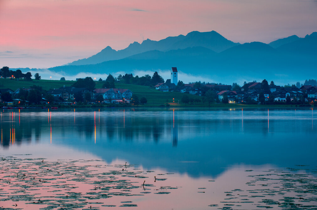 Das Bild fängt eine friedliche Sonnenuntergangsszene am Hopfensee ein. Der Himmel ist rosa und blau gefärbt. Der See ist im Vordergrund des Bilds mit Seerosenblätter übersät. Auf der anderen Seite des Sees schmiegt sich der Ort Hopfen an das hügelige Seeufer. Der Ort wird durch Straßenlampen beleuchtet, deren Licht sich auf der Wasseroberfläche spiegelt. Die Berge im Hintergrund sind in leichtem Nebel gehüllt.