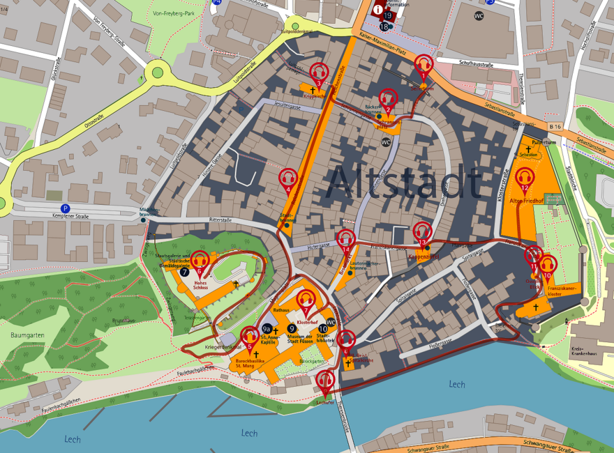 Altstadtplan der Stadt Füssen mit eingezeichneter Lauschtour