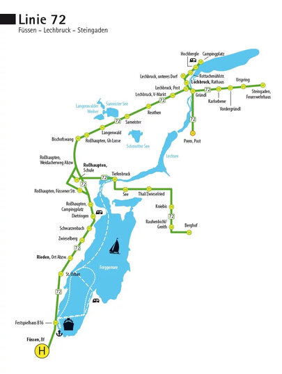 Das Bild zeigt das Liniennetz der Buslinie 72 - Füssen-Lechbruck