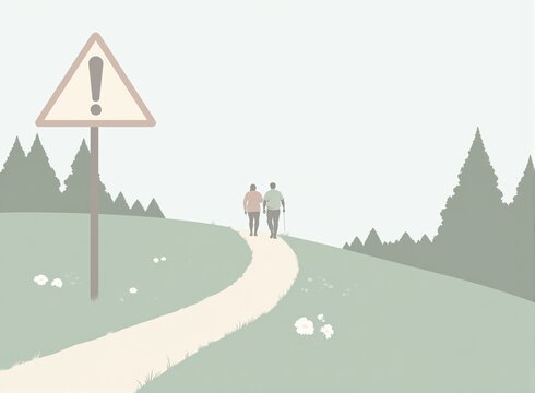 Das illustrierte Bild zeigt zwei Wanderer auf einem Wanderweg. Neben dem Weg befinden sich Bäume und Wiesen. Vorne Links befindet sich ein Stoppschild.