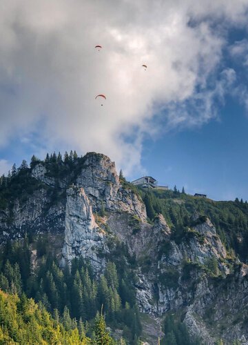 Gleitschirme in der Luft am Tegelberg bei Füssen. Im Hintergrund blauer Himmel und der Tegelberggipfel