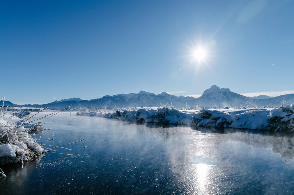 Das Bild fängt eine friedvolle Winterlandschaft ein. Im Vordergrund steht ein Ausläufer des Hopfensees, dessen Oberfläche ruhig und unberührt ist. Der Hopfensee wird von einer Schneedecke umgeben, die sich bis zu den Bergen in der Ferne erstreckt. Die Berge, majestätisch und schneebedeckt, ragen gegen den Hintergrund eines klaren blauen Himmels auf. Die Sonne scheint hell, wobei sie ein warmes Licht auf die schneebedeckte Landschaft wirft.