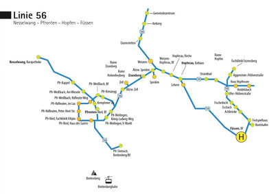 Das Bild zeigt das Liniennetz der Buslinie 56 - Füssen-Hopfen-Pfronten-Nesselwang