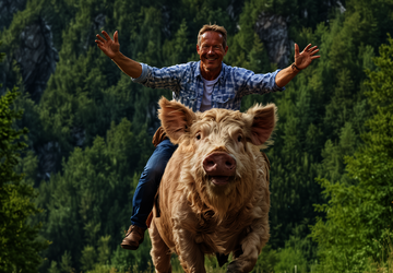 Ein Mann reitet auf einem Eber