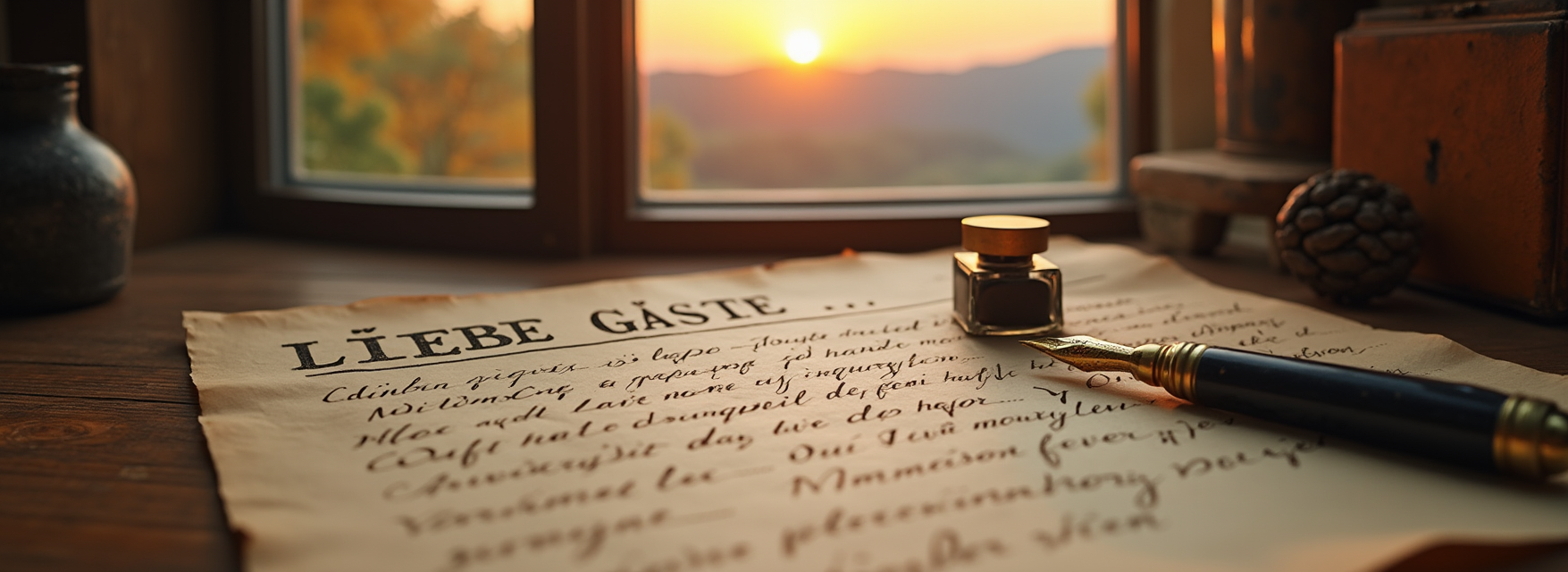 KI-Foto: Ein alter Brief mit der Überschrift "Liebe Gäste" in einem gemütlichen Raum mit Aussicht auf die Füssener Landschaft