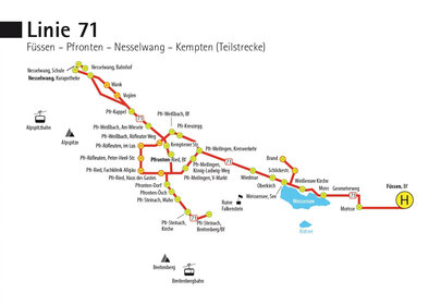 Das Bild zeigt das Liniennetz der Buslinie 72 - Füssen-Nesselwang