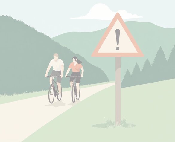 Das illustrierte Bild zeigt zwei Radfahrer auf einem Radweg. Neben dem Weg befinden sich Bäume, Wiesen und Berge. Vorne Rechts befindet sich ein Stoppschild