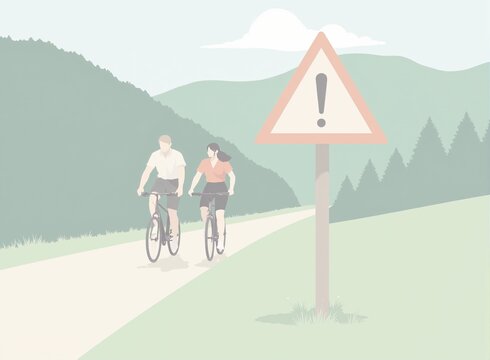 Das illustrierte Bild zeigt zwei Radfahrer auf einem Radweg. Neben dem Weg befinden sich Bäume, Wiesen und Berge. Vorne Rechts befindet sich ein Stoppschild