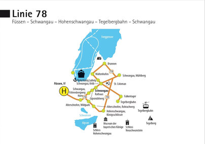 Das Bild zeigt Liniennetz der Buslinie 72 - Füssen-Schwangau-Tegelberg