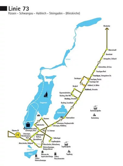 Das Bild zeigt das Liniennetz der Buslinie 73 - Füssen-Schwangau-Wieskirche