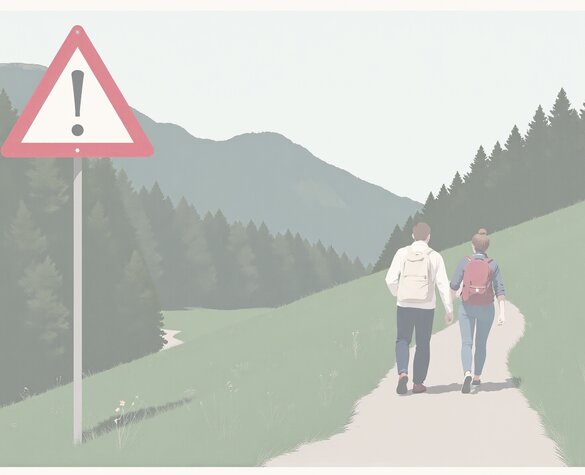 Das illustrierte Bild zeigt zwei Wanderer auf einem Wanderweg. Neben dem Weg befinden sich Bäume, Wiesen und Berge. Vorne Links befindet sich ein Stoppschild.