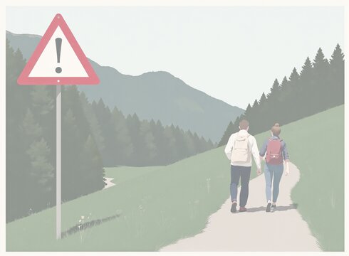 Das illustrierte Bild zeigt zwei Wanderer auf einem Wanderweg. Neben dem Weg befinden sich Bäume, Wiesen und Berge. Vorne Links befindet sich ein Stoppschild.