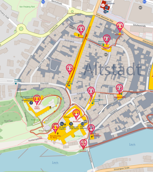 Altstadtplan der Stadt Füssen mit eingezeichneter Lauschtour