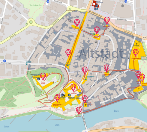 Altstadtplan der Stadt Füssen mit eingezeichneter Lauschtour